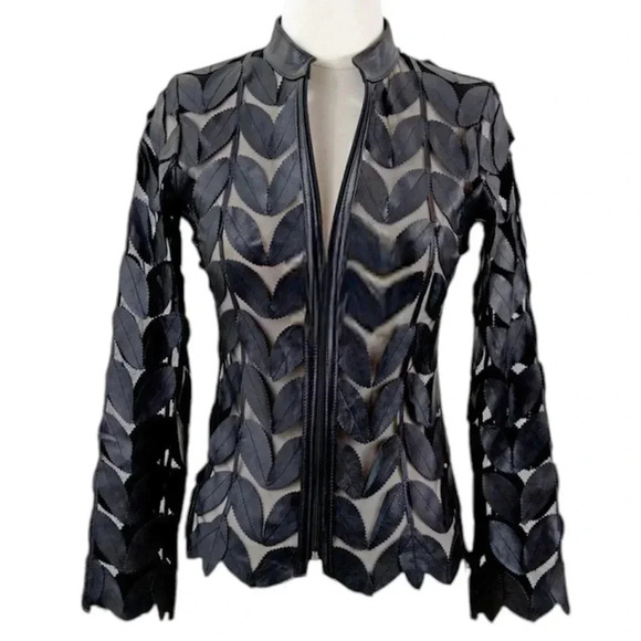 BY BELGIN FRANCIS BLACK LEATHER‎ JACKET SIZE 2X LEAF LONG SLEEVE SHEER - Picture 1 of 6